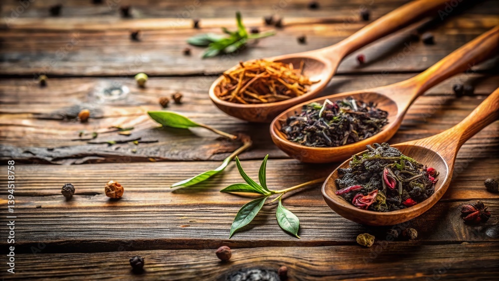 Rustic Tea Ceremony Wooden Spoons Tea Leaves and Birch Twigs on a Worn Wooden Table A Peaceful Scene
