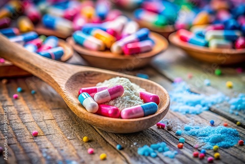 Obraz na płótnie Wooden Spoon Holding a Capsule Over a Bed of Powdered Pills A Visual Representation of Dietary Supplement w salonie