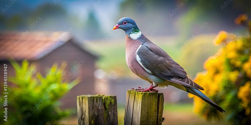 Rustic Charm Wood Pigeon Perched on a Weathered Fence Post in a Rural English Garden
