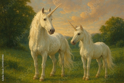 Majestic unicorns in serene landscape.