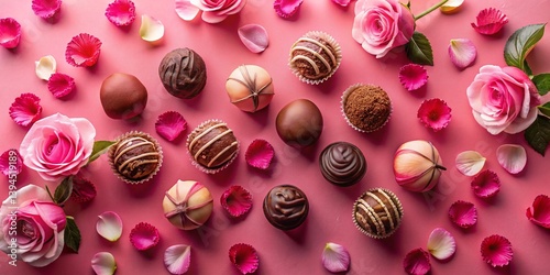 Obraz na płótnie Celebrate World Chocolate Day with Delicate Pink Rose Petals and Exquisite Chocolate Truffles A Visual Symphony of w salonie