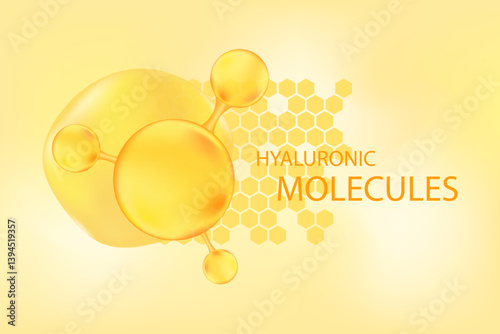 Gold honey serum, collagen molecule peptide or hyaluronic acid. Vitamin solution complex with honeycomb texture. Yellow glowing watercolor gradient background for beauty treatment, nutrition skin care