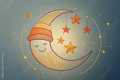 Peaceful Moon in Knitted Beanie A Minimalist Illustration for World Sleep Day Celebrating Tranquility and Rest