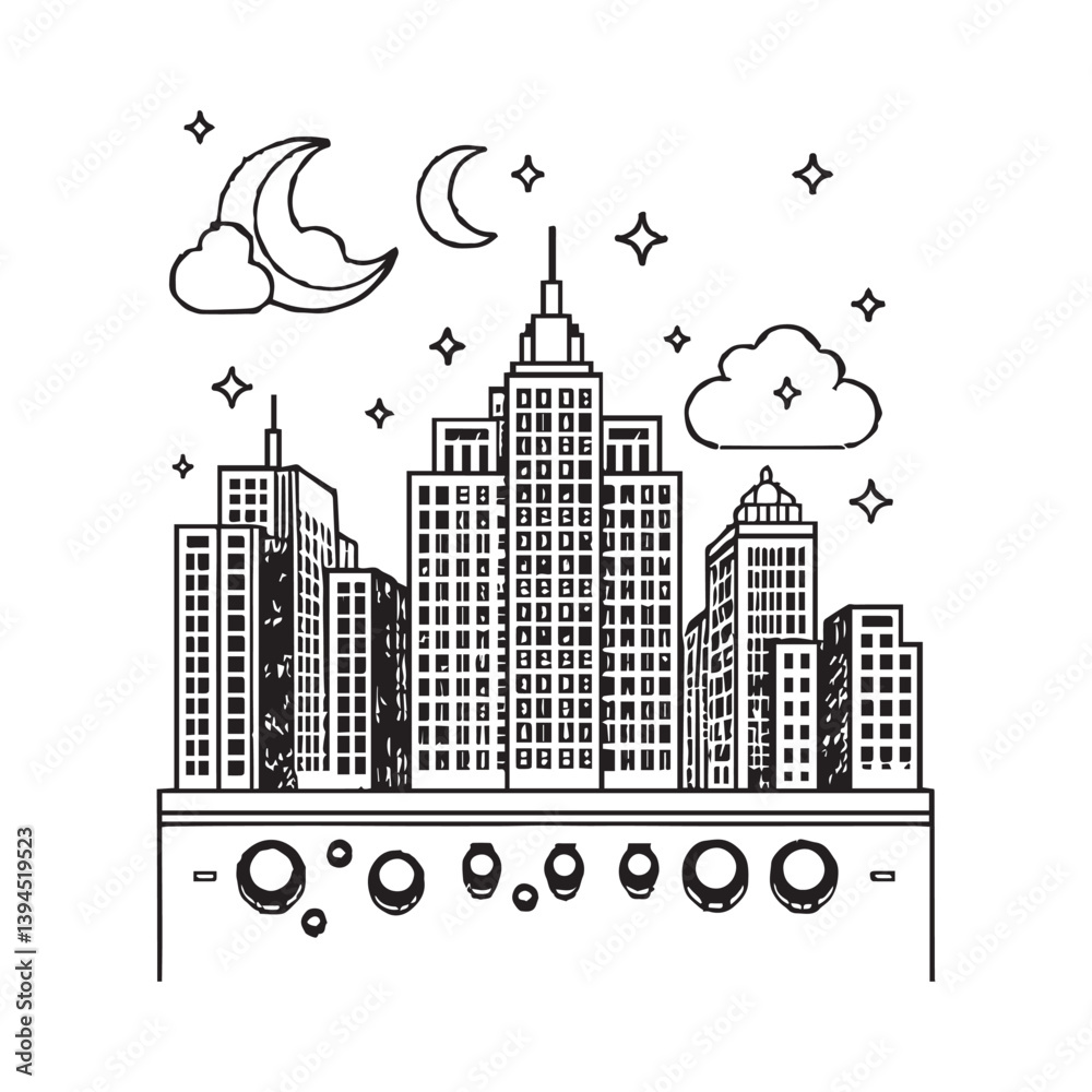 Fototapeta premium On a white background illustrate a black and white coloring book line art of A scene of a retro-style subtle pixelated city skyline, featuring blocky skyscrapers with intricate window patterns.