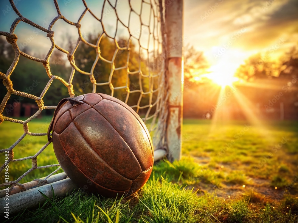 Faded Glory A Vintage Football in a Playground Goal Net Evoking Retro Sports Memories and Nostalgic Charm