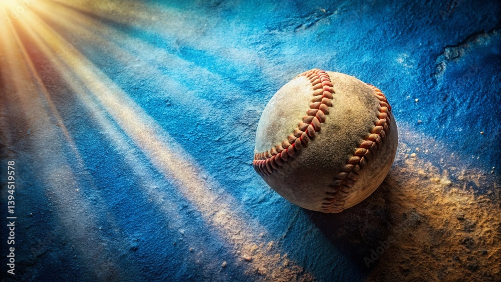 SunDrenched Baseball A Worn Treasure on a Textured Blue Surface Closeup Sporting Goods Photography