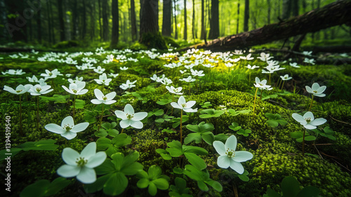 A tranquil forest floor carpeted with delicate white wildflowers bathed in soft sunlight filtering through the trees.