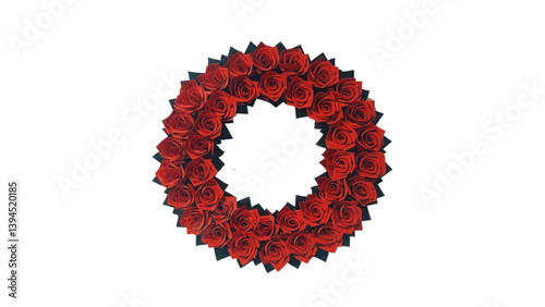 A wreath of crimson roses symbolizing romance, remembrance, or celebration.