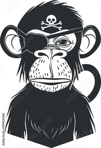 Illustration of a cartoon monkey pirate with an eyepatch and hat featuring skull and crossbones.