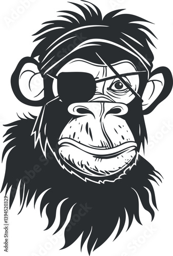 Illustration of a stylized pirate monkey with an eyepatch in black and white vector art.