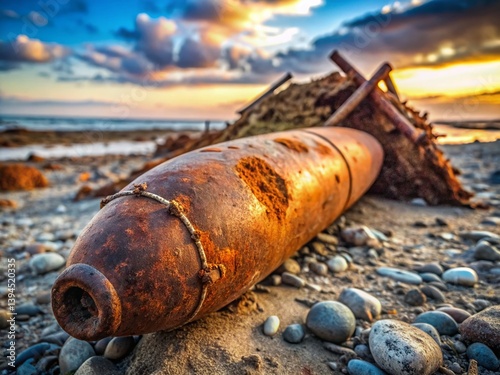 Obraz na płótnie Rusty WWII Torpedo Unearthed A Relic of Naval Warfare Reveals Secrets of the Past w salonie