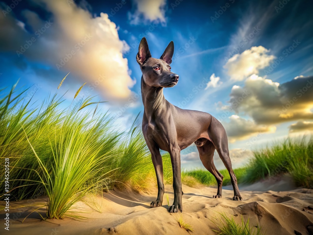 Majestic Xoloitzcuintli on a Sandy Beach and Grassy Dune Landscape A Stunning Portrait of a Mexican Hairless Dog