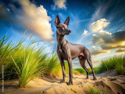 Majestic Xoloitzcuintli on a Sandy Beach and Grassy Dune Landscape A Stunning Portrait of a Mexican Hairless Dog