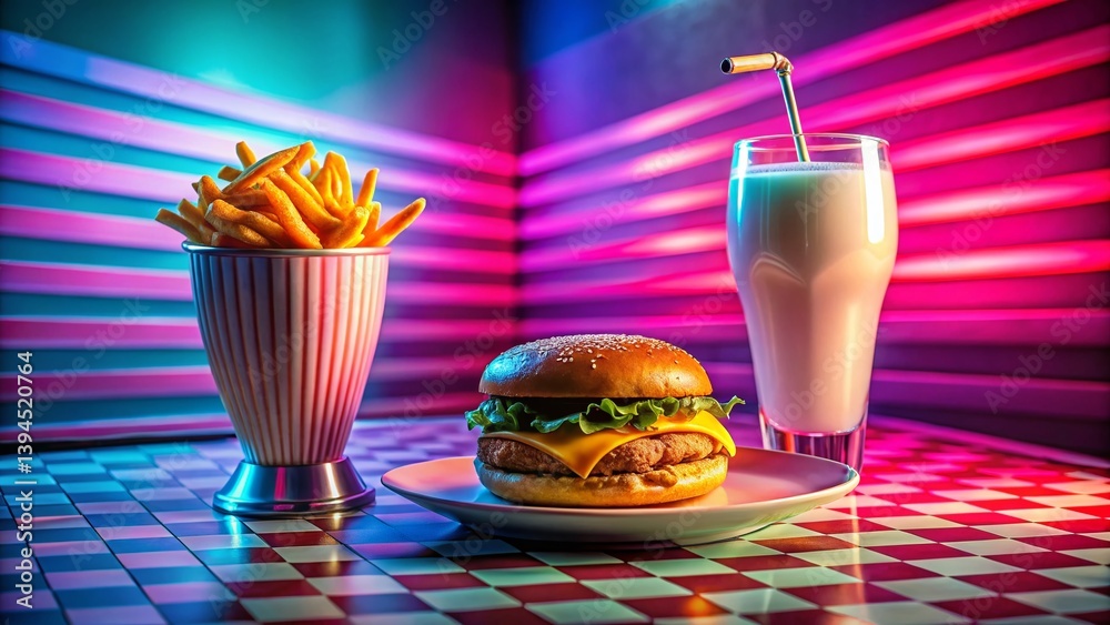 NostalgiaInducing Y2K Diner Scene Delicious Retro Milkshake Fries and Burger Feast