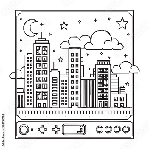 On a white background illustrate a black and white coloring book line art of A scene of a retro-style subtle pixelated city skyline, featuring blocky skyscrapers with intricate window patterns.