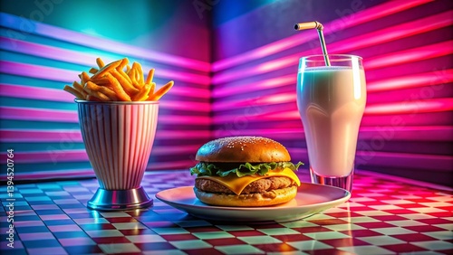 Obraz na płótnie NostalgiaInducing Y2K Diner Scene Delicious Retro Milkshake Fries and Burger Feast w salonie