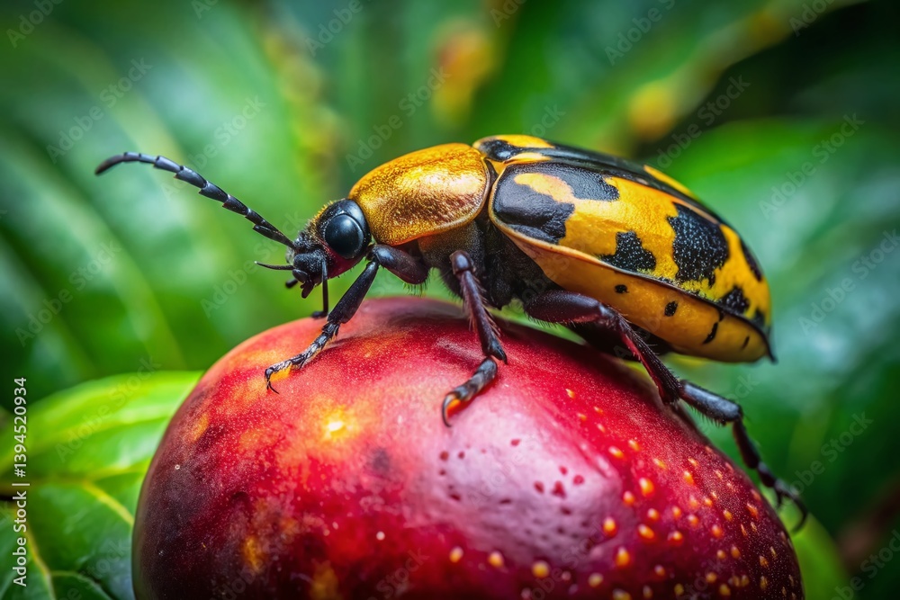 Vibrant Yellow and Black Beetle on a Red Fruit Nestled in Lush Green Vegetation A Closeup Nature Shot