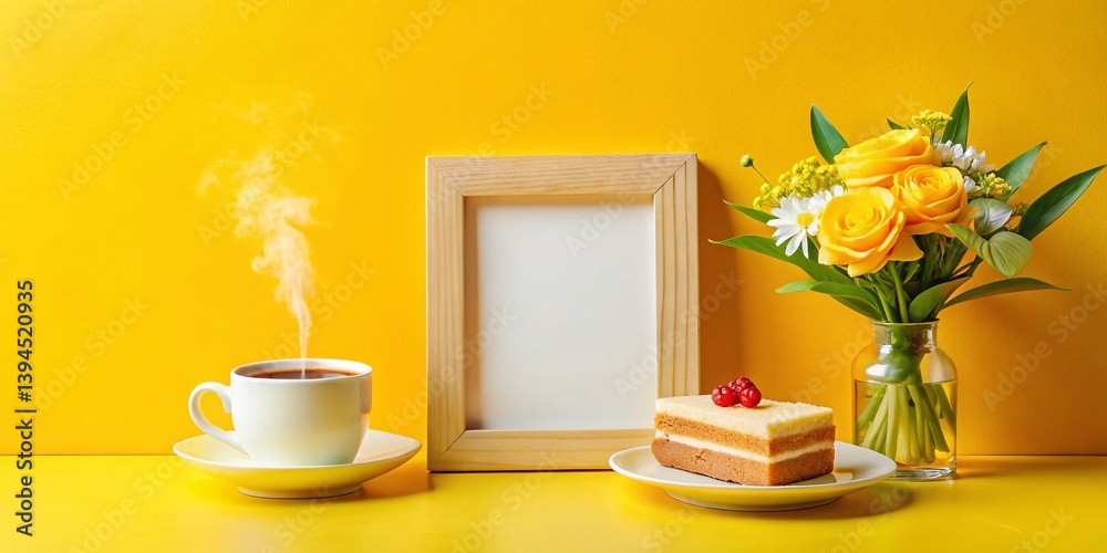 Charming Coffee Shop Mockup Featuring a Delicious Cake Fresh Flowers and a Photo Frame on a Vibrant Yellow