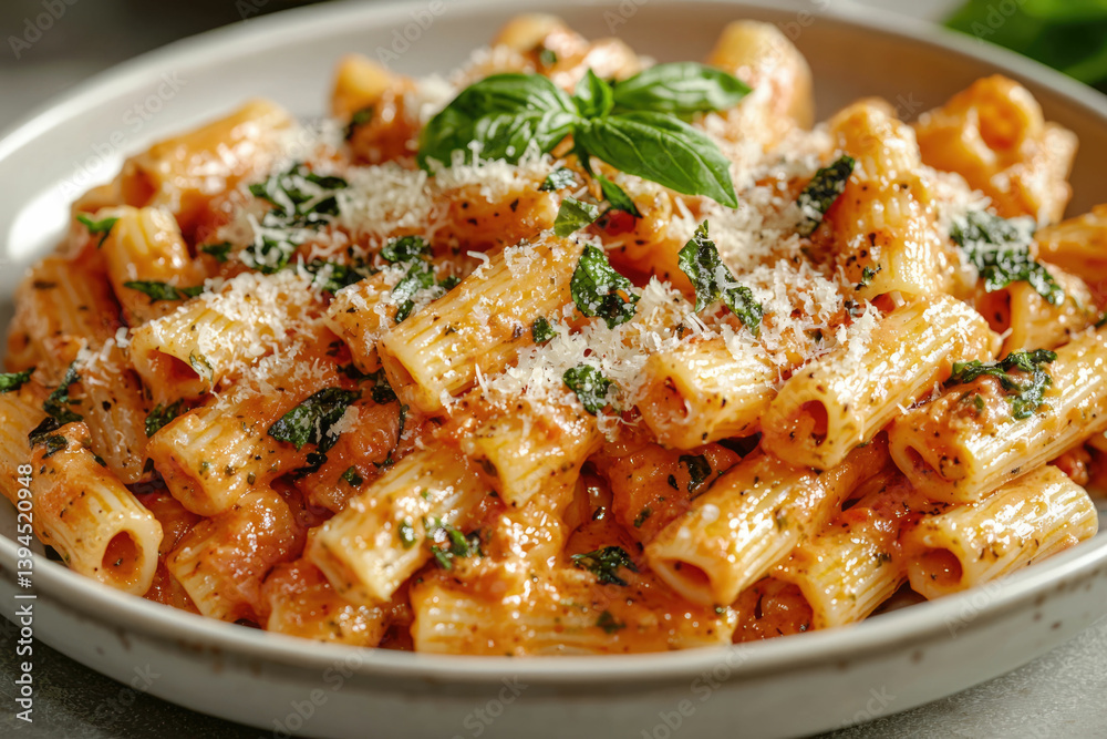 A delicious bowl of rigatoni pasta smothered in a creamy tomato sauce, garnished with fresh basil and parmesan cheese, ready to be enjoyed. A delicious bowl of rigatoni pasta smothered in a creamy tomato sauce, garnished with fresh basil and parmesan cheese, ready to be enjoyed.