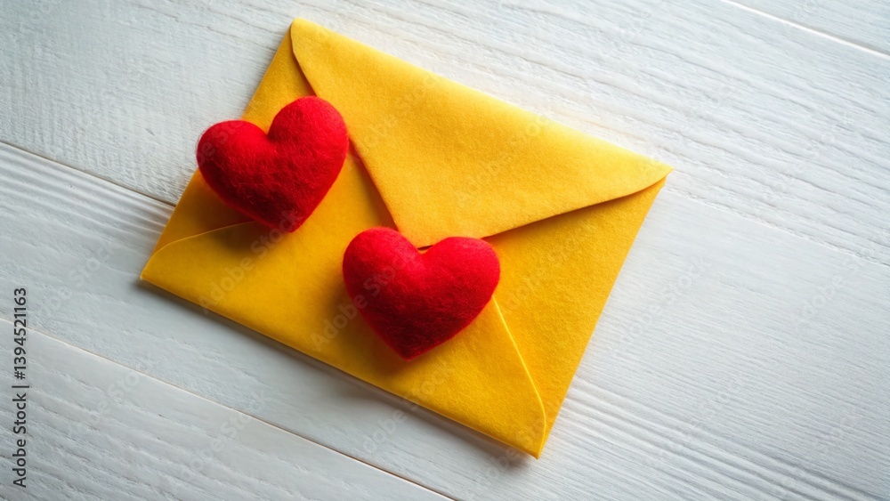 A Warm Valentines Greeting Charming Yellow Envelope Filled with Red Hearts Perfect for Expressing Love and Romance