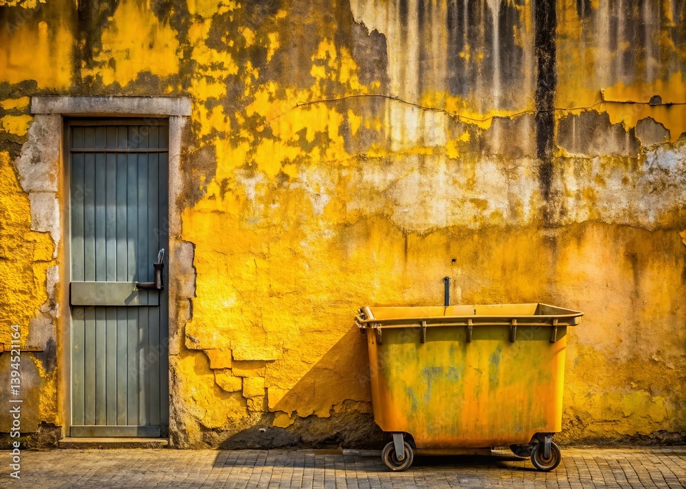 Abandoned Urban Scene Deteriorating Building and Yellow Dumpster Reflecting Urban Decay