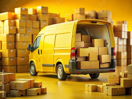 Closeup of a bright yellow delivery van loaded with shipping boxes Examining the efficiency of modern logistics and