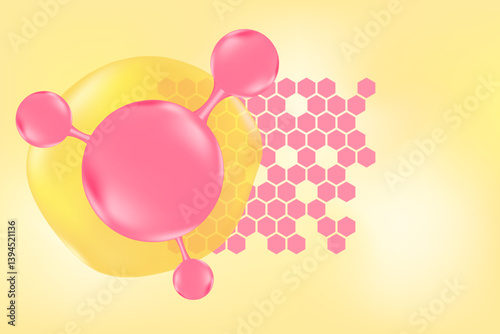 Gold honey serum, collagen pink 3d molecule peptide or hyaluronic acid. Vitamin solution complex with pink honeycomb texture. Yellow glowing watercolor gradient background for beauty treatment
