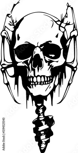 Creepy skull. Spooky tattoo sketch with grunge human skull
