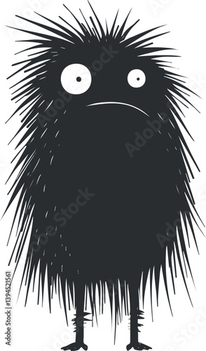 Black and white illustration of a furry, spiky cartoon monster with a humorous expression.