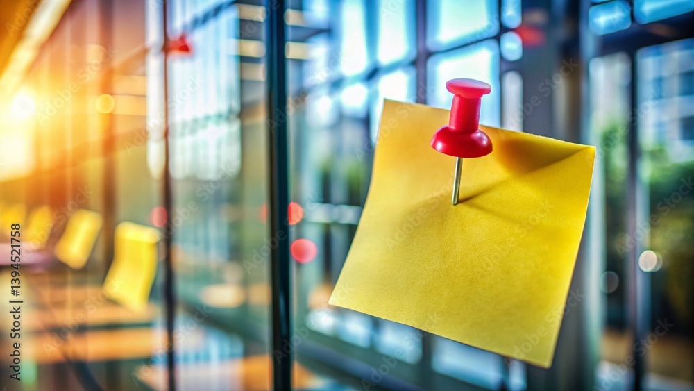 Closeup of a Bright Yellow Sticky Note with a Red Push Pin Detailed View of a Note Taking