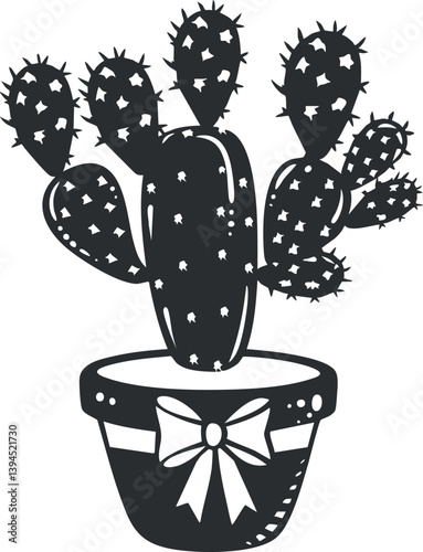 Silhouette of a potted cactus plant with spiky leaves in a decorative pot.