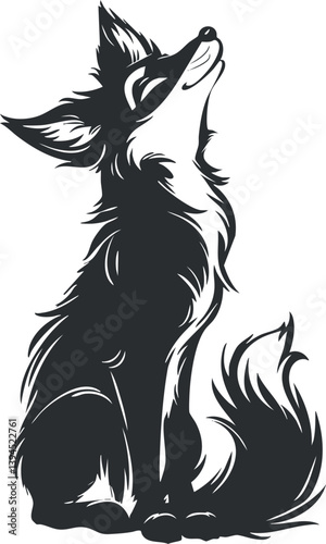 Stylized black and white silhouette of a fox sitting gracefully with bushy tail.