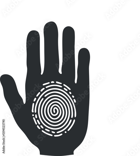 Illustration of a hand with a fingerprint symbolizing biometrics and digital security.