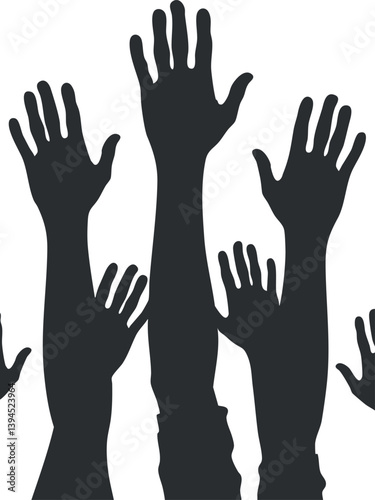 Silhouette of raised hands symbolizing unity, support, and community involvement.