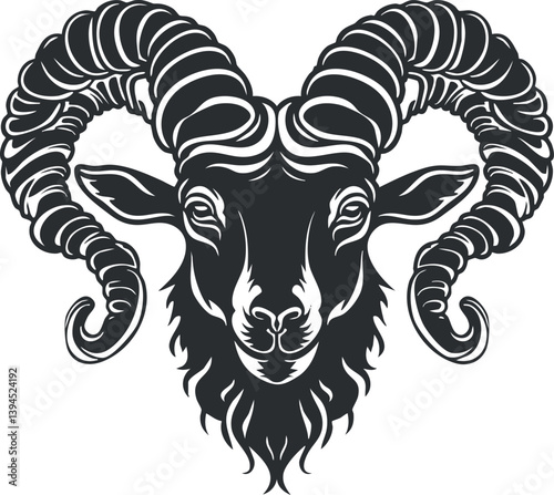 Black and white illustration of a ram with large curled horns, ideal for tattoo designs.