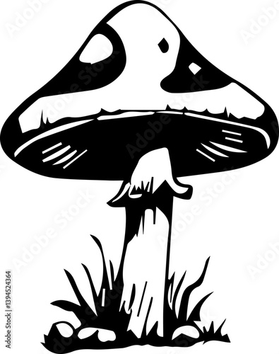 Creepy mushroom in tattoo style, black and white grunge vector 