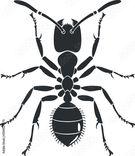 Black and white silhouette illustration of an ant with detailed body parts and antennae.