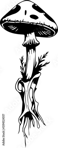 Creepy mushroom in tattoo style, black and white grunge vector 