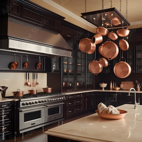 <updated_prompt>
A majestic, state-of-the-art cooking house with gleaming, dark-stained cabinets adorned with chrome hardware, built-in stainless steel ovens with large, curved glass doors, and an arr
