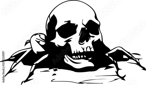 Creepy skull. Spooky tattoo sketch with grunge human skull