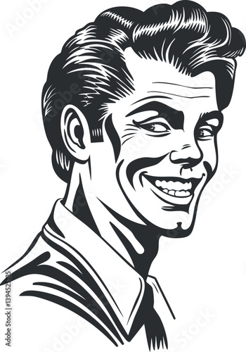 Retro black and white illustration of a smiling man with vintage 1950s style.