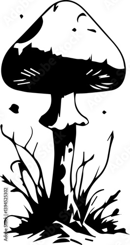 Creepy mushroom in tattoo style, black and white grunge vector 