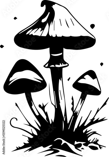 Creepy mushroom in tattoo style, black and white grunge vector 
