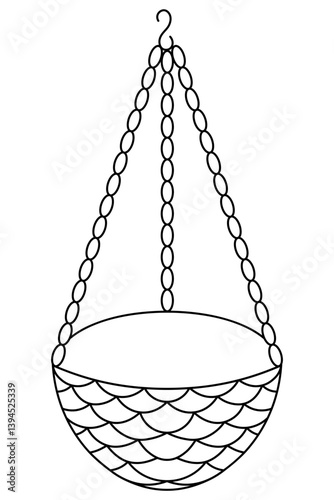 Garden flowerpot. Sketch. Wicker basket hangs on a chain with a hook. Vector illustration. Outline on an isolated white background. Doodle style. Coloring book for children. Idea for web design.
