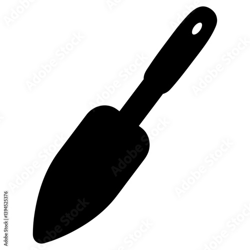 Garden shovel. Silhouette. Black scoop with handle and hanging hole. Vector illustration. Isolated white background. Idea for web design.