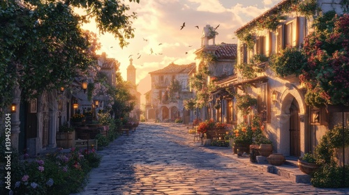 A picturesque cobblestone street lined with charming houses and blooming flowers, bathed in warm sunset light, creating a serene and inviting atmosphere.