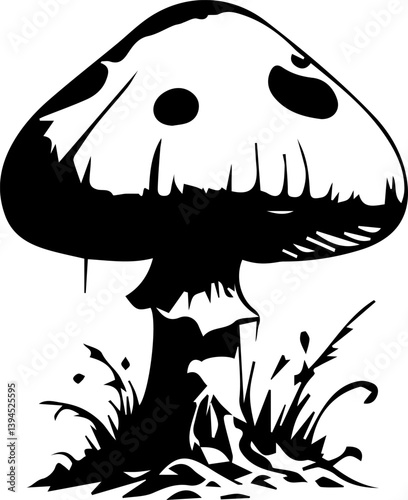 Creepy mushroom in tattoo style, black and white grunge vector 