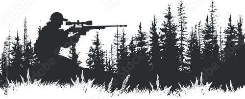 Silhouette of a sniper aiming through a rifle in a dense forest setting.