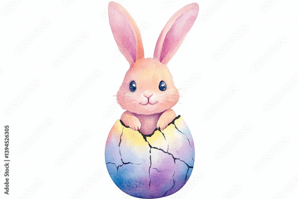 Fototapeta premium Watercolor bunny emerging from cracked egg spring theme cute animal illustration playful environment whimsical viewpoint