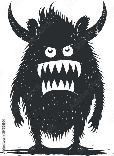 Illustration of a whimsical black and white monster with horns and sharp teeth.